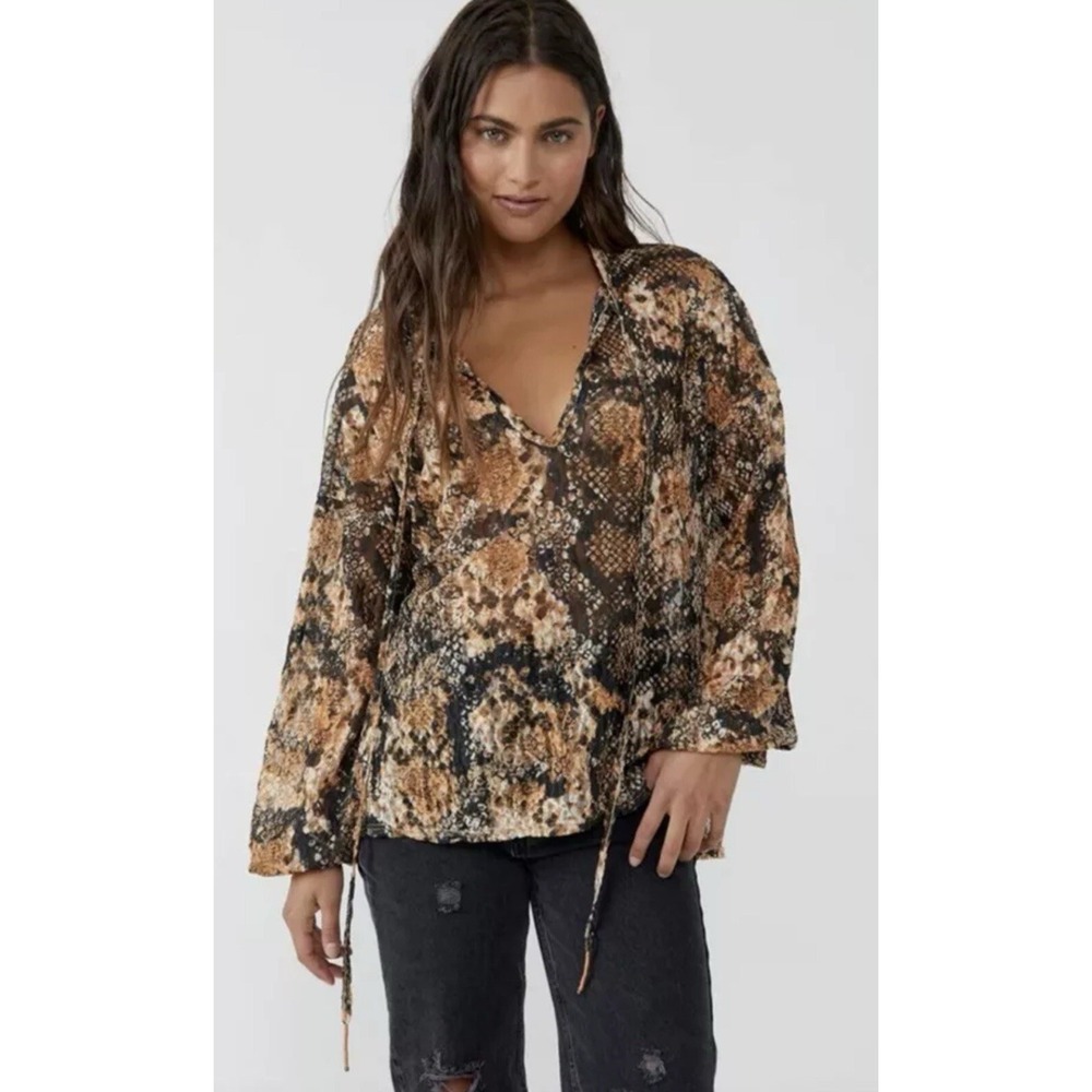 Free People Out for the Night Snakeskin Print Sheer Top Medium NWT Tie Banded